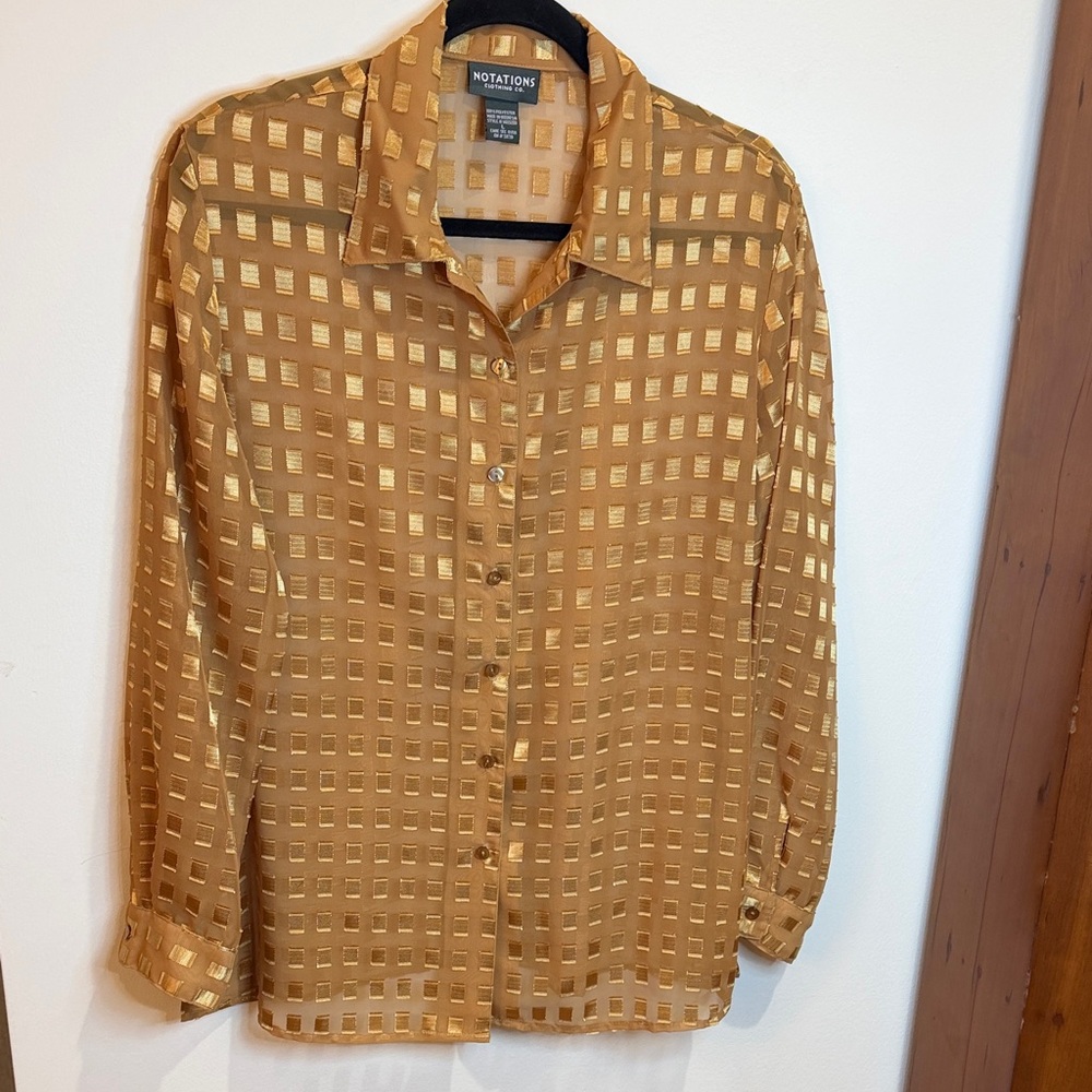 Notations Gold Checkered Sheer Blouse, L - Art Deco, Checks, Monochrome